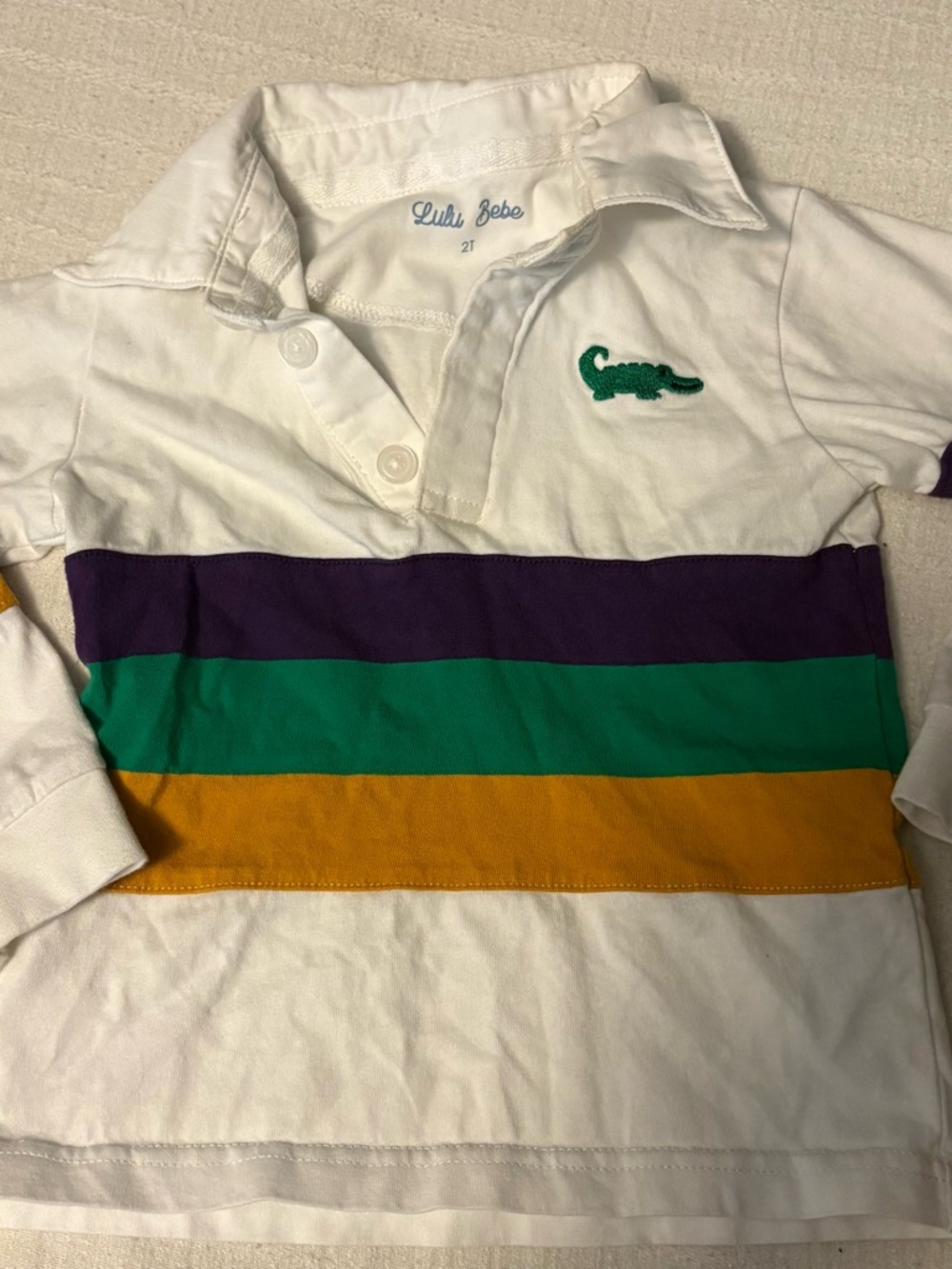 Lulu Bebe White Rugby Polo with Purple, Green & Gold Stripes - Kids